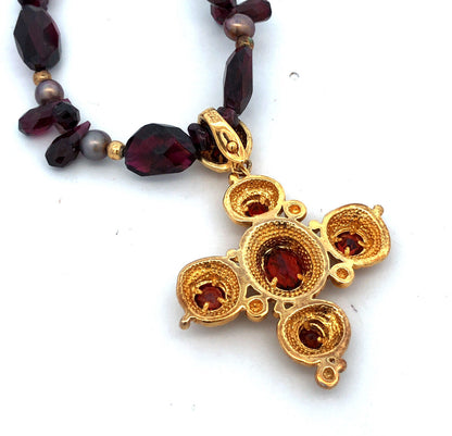 Vintage 925 Sterling Silver Gold Vermeil Amethyst Beaded Garnet Cross Necklace