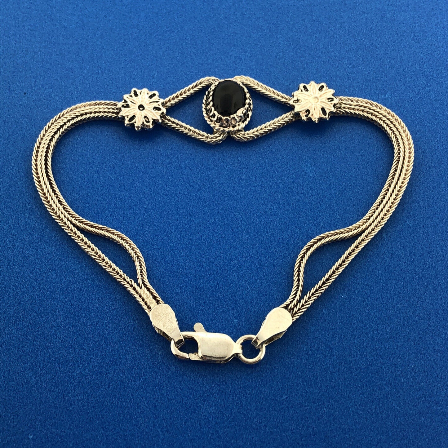 Art Deco Style 925 Sterling Silver Black Onyx Enamel Double Strand Bracelet