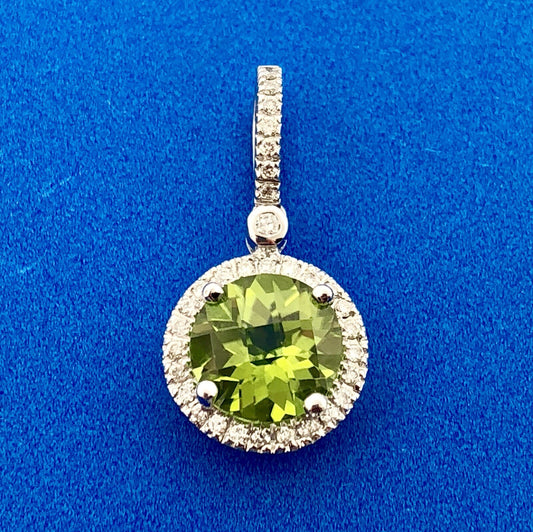 14k White Gold Peridot Pendant Diamond Halo Accents August Anniversary Pendant