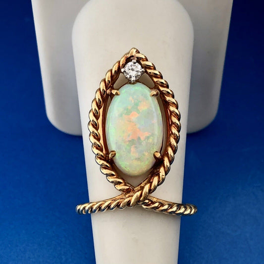 Custom Estate 18K Yellow Gold Oval Opal Diamond Accent Ichthys Statement Ring