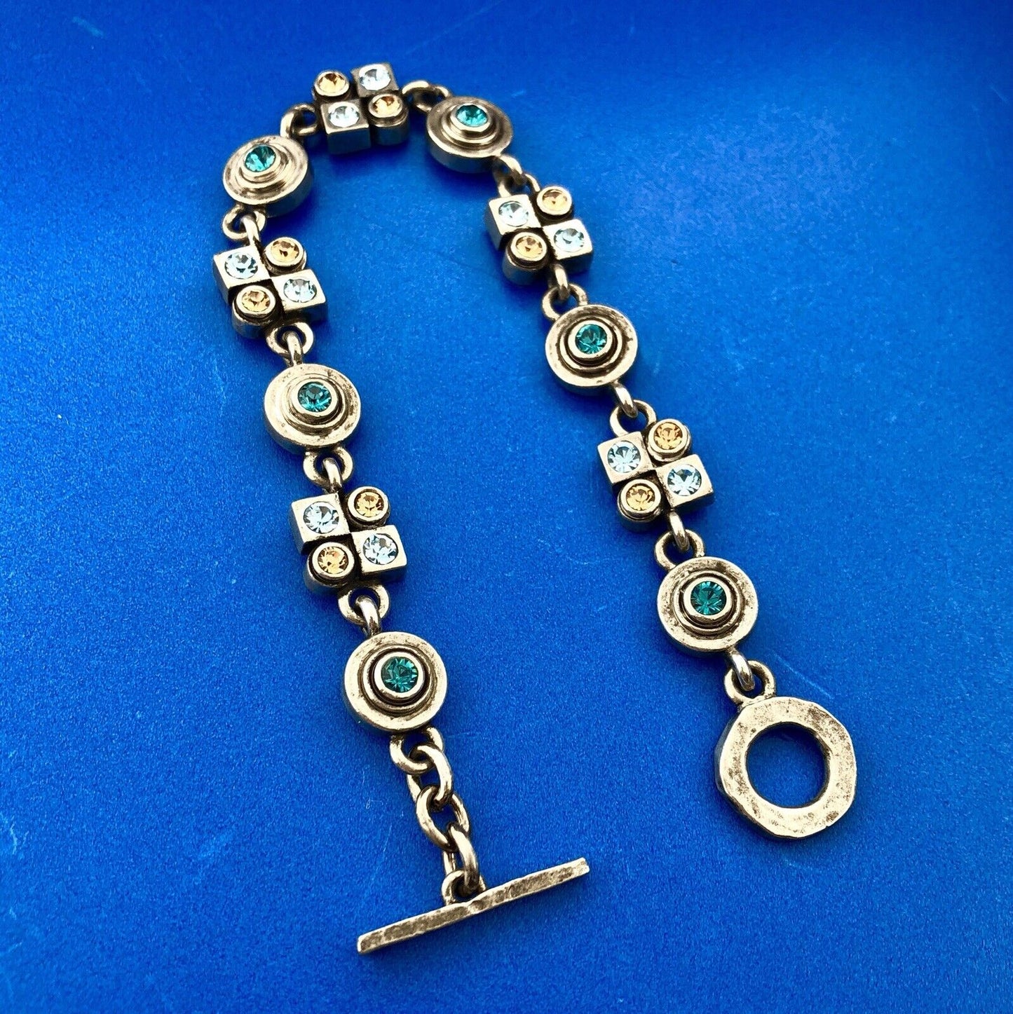 Designer M4M Silver Tone Blue Brown Swarvoski Crystal X O Toggle Bracelet