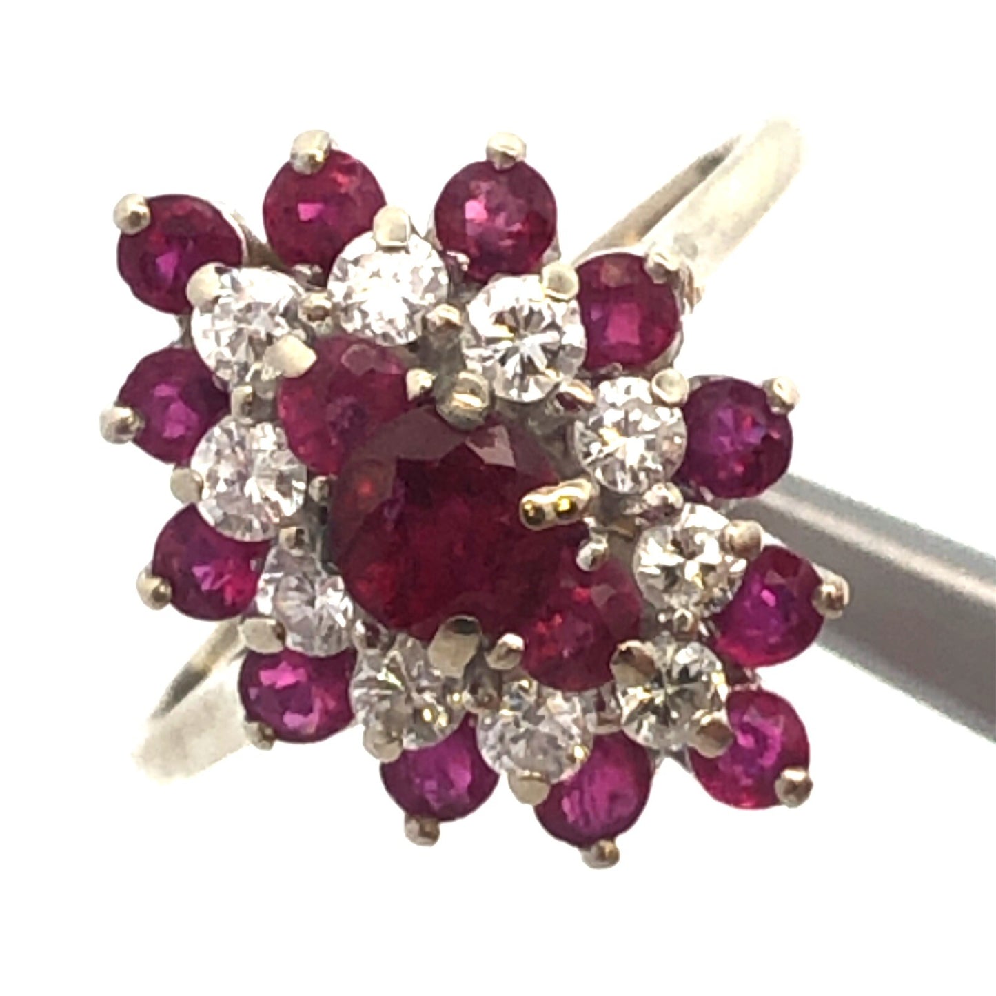14K White Gold Ruby Diamond Cluster Bridal Birthstone Anniversary Cocktail Ring
