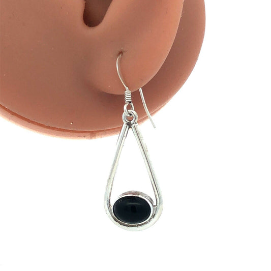 Native American RLH 925 Sterling Silver Oval Black Onyx Hook Dangle Earrings