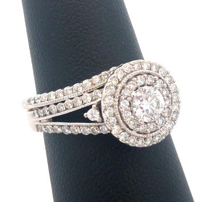 14K White Gold Brilliant Round Diamond Double Halo Engagement Wedding Bridal Set