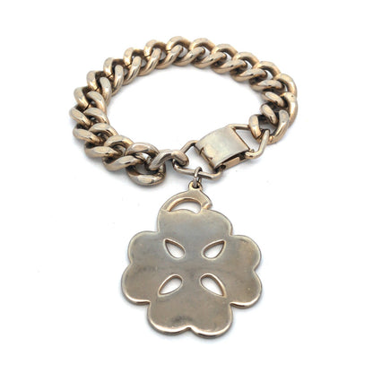 1950's Sperry Silver Tone Four Leaf Clover Charm Curb Link Statement Bracelet
