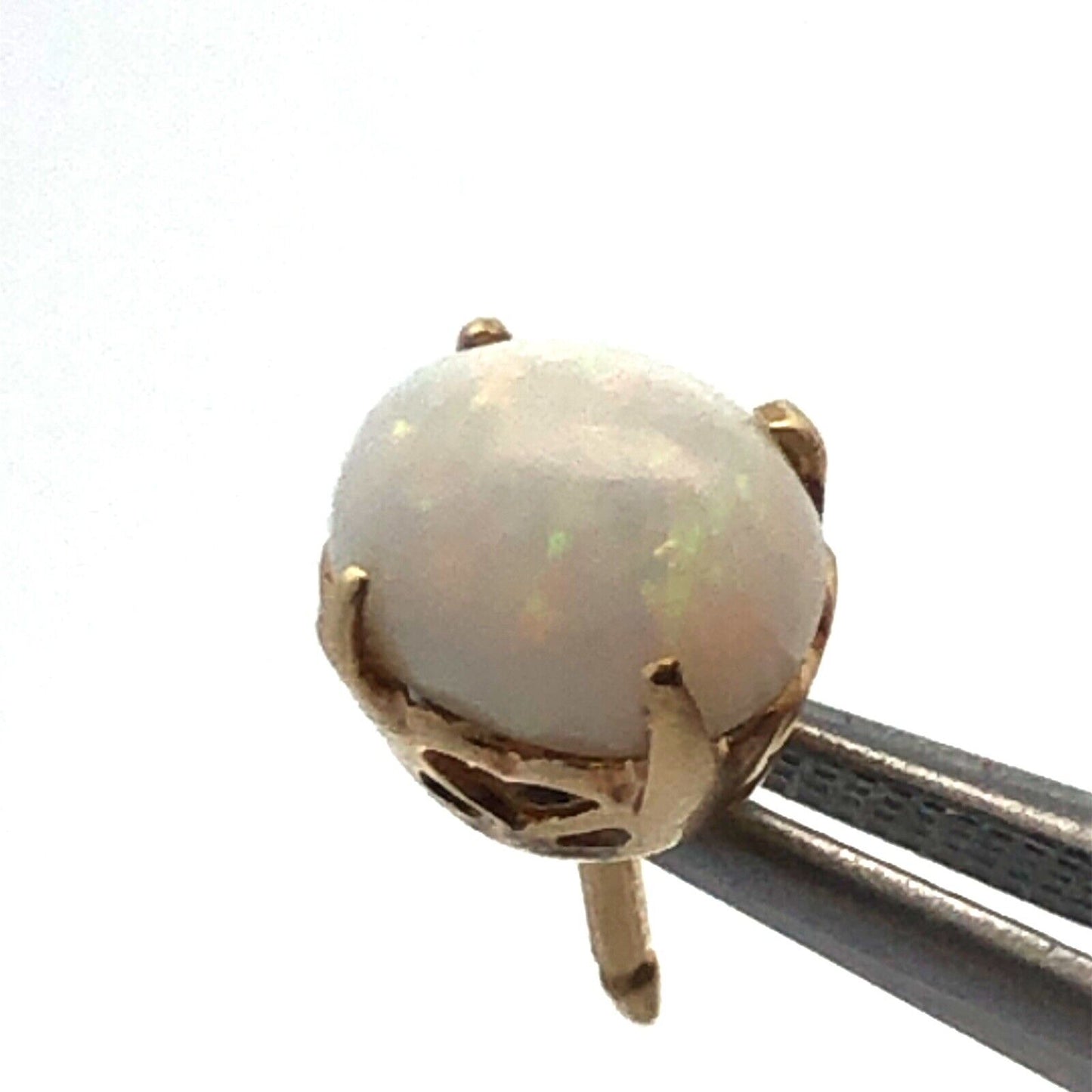 10K Yellow Gold Oval White Opal Cabochon October Occasion Stud Earrings