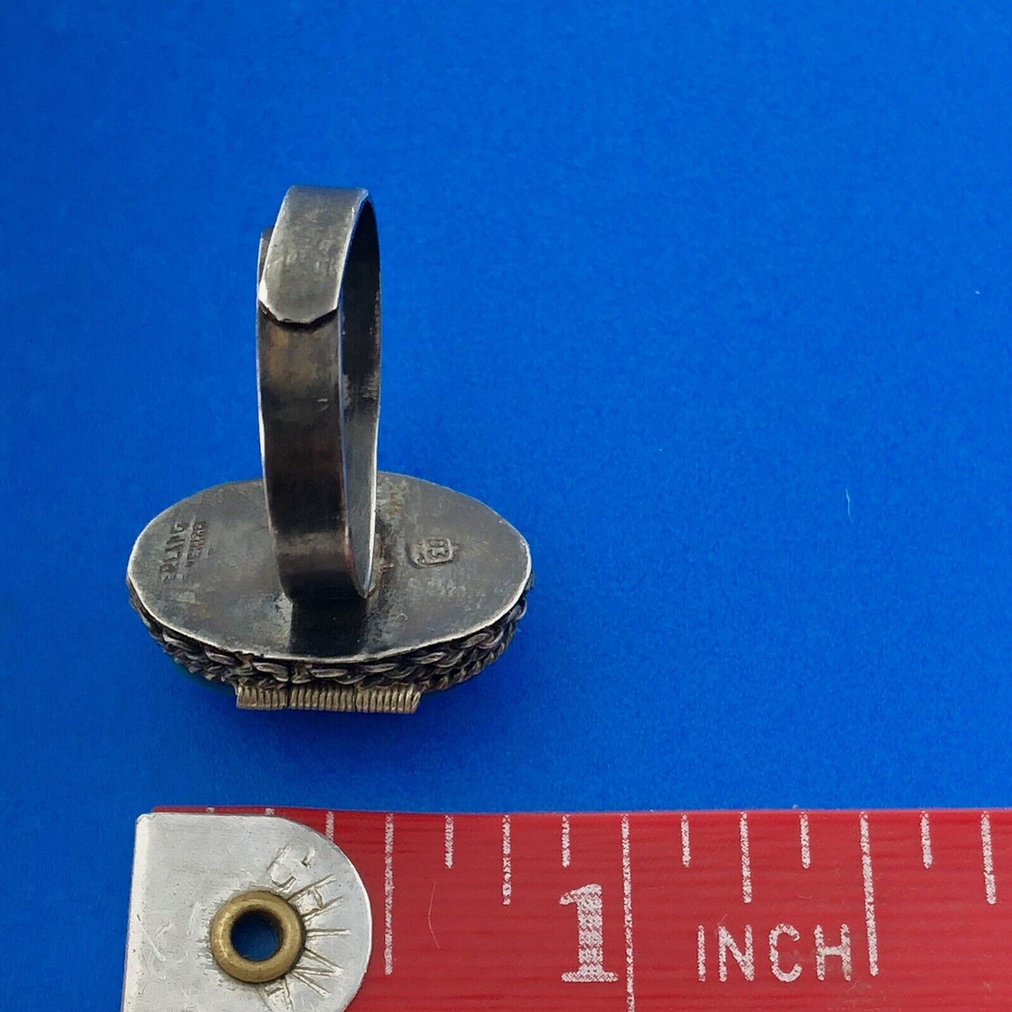 Lovely Sterling Silver 925 Onyx Colored Glass Snuff Poison Pill Adjustable Ring