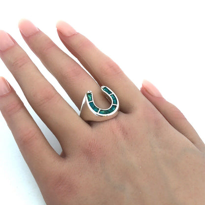 Vintage 925 Sterling Silver Turquoise Inlay Horseshoe Statement Unisex Ring