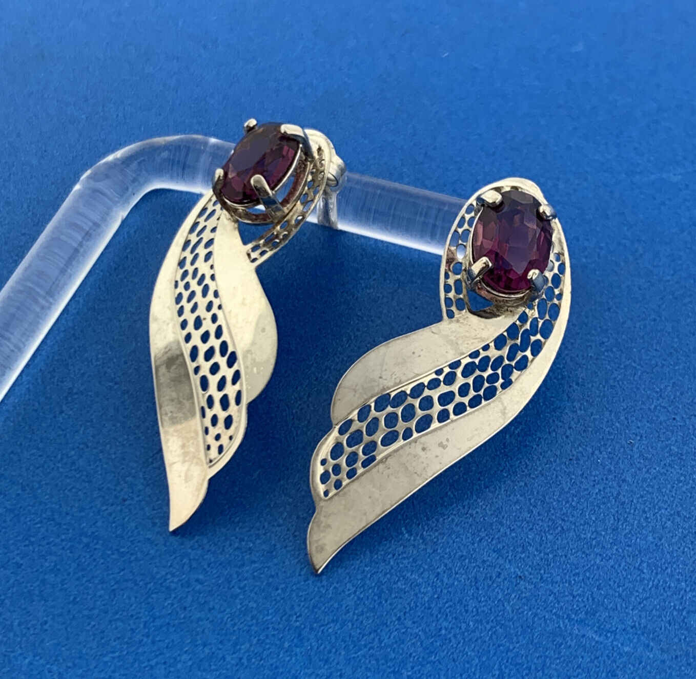 Stunning Silver Toned Oval Cut Purple Sparkling CZ Openwork Wing Stud Earrings