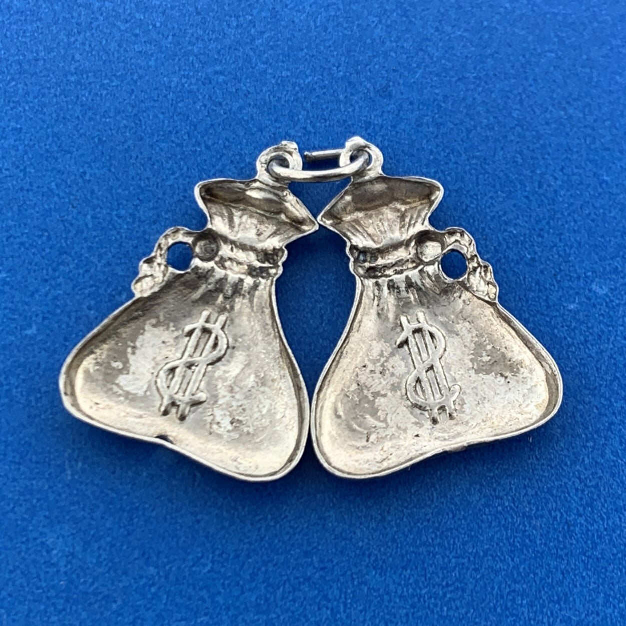 Designer AL Sterling Silver Double Money Bag $ Riches Good Luck Pendant Charm