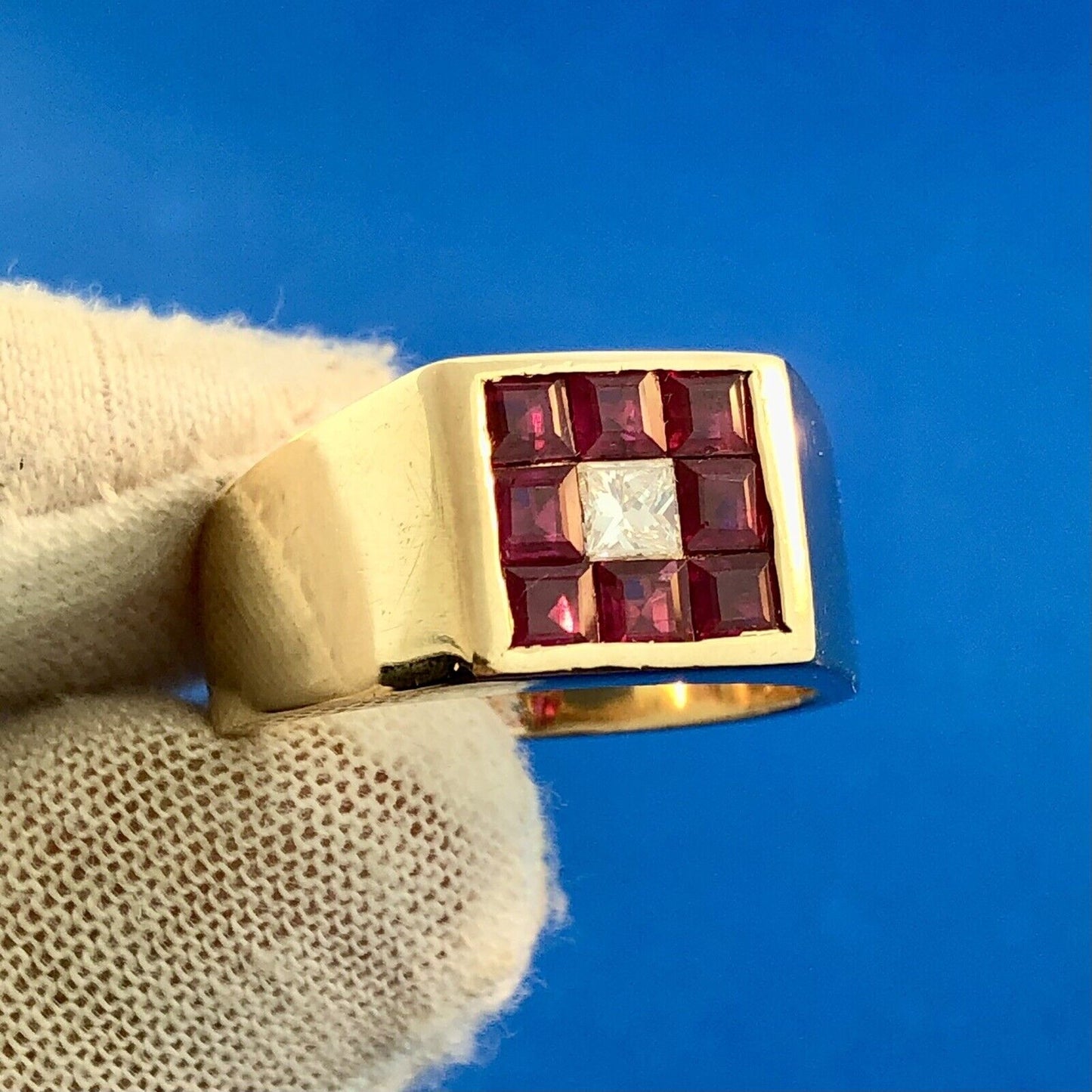 Retro 18K Yellow Gold Diamond Ruby Halo Channel Set Square Dome Unisex Ring