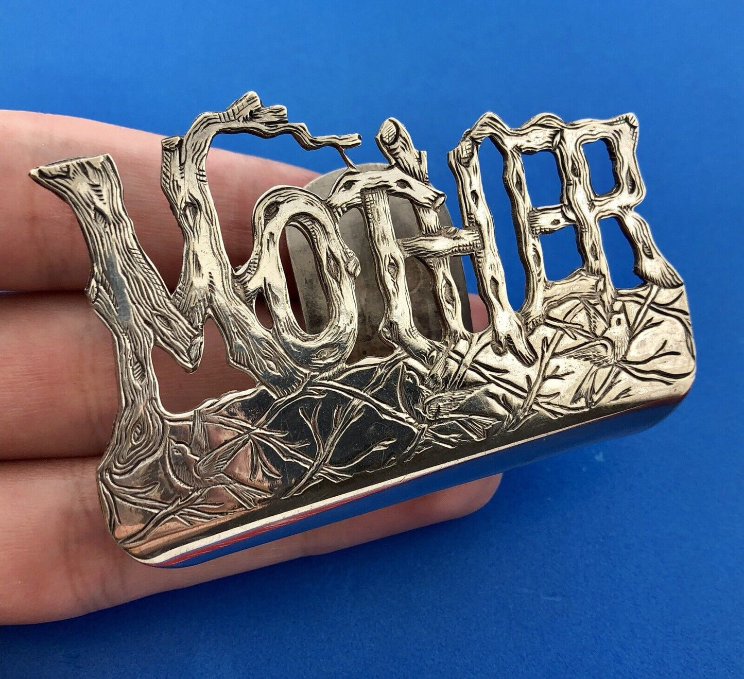 Art Nouveau Paye & Baker Silver Plate Gothic MOTHER Birds Trees Theme Money Clip