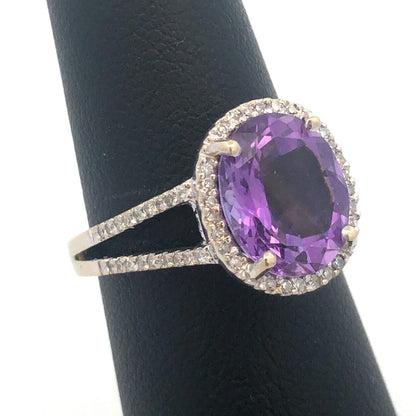 Designer 14K White Gold Oval Amethyst Diamond Halo Wedding Engagement Ring