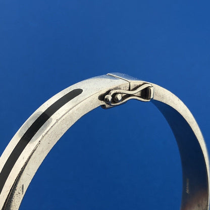 Designer FS 925 Sterling Silver Modern Black Onyx Inlay Hinged Cuff Bracelet