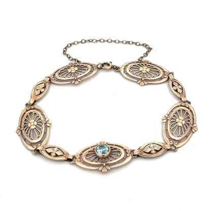 Vintage 10k White Gold Round Cut Blue Topaz Openwork Oval Filigree 7" Bracelet