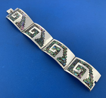 Vintage Los Ballesteros Taxco 925 Sterling Silver Abalone Panel Cuff Bracelet