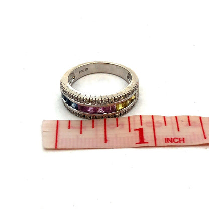 Designer 14K White Gold Multi Gemstone Diamond Mother's Anniversary Band Ring