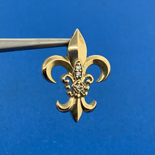 Designer 14K Yellow Gold Diamond Fleur De Lis French Religious Pendant