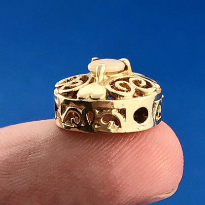 Vintage 10K Yellow Gold Opal Cabochon Heart Scroll OpenWork Slide Bracelet Charm
