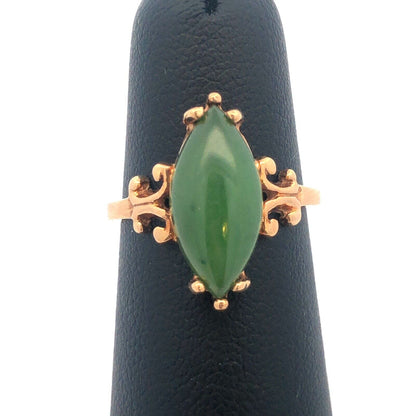 Retro Designer 14K Yellow Gold Solitaire Marquise Jade Jadeite Cabochon Ring