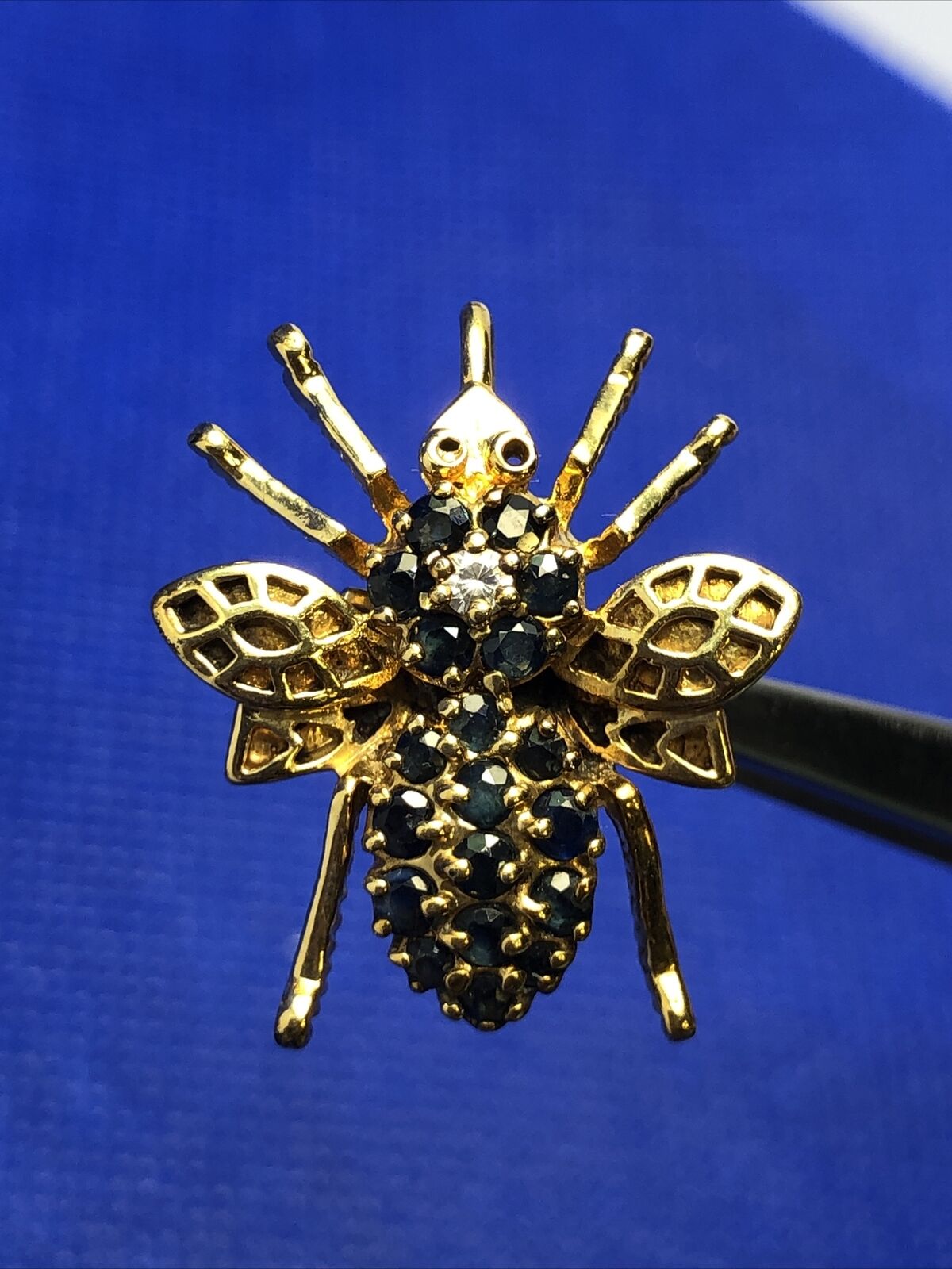 Designer PAT 926 Sterling Silver Vermeil CZ Blue Sapphire Insect Pendant Brooch