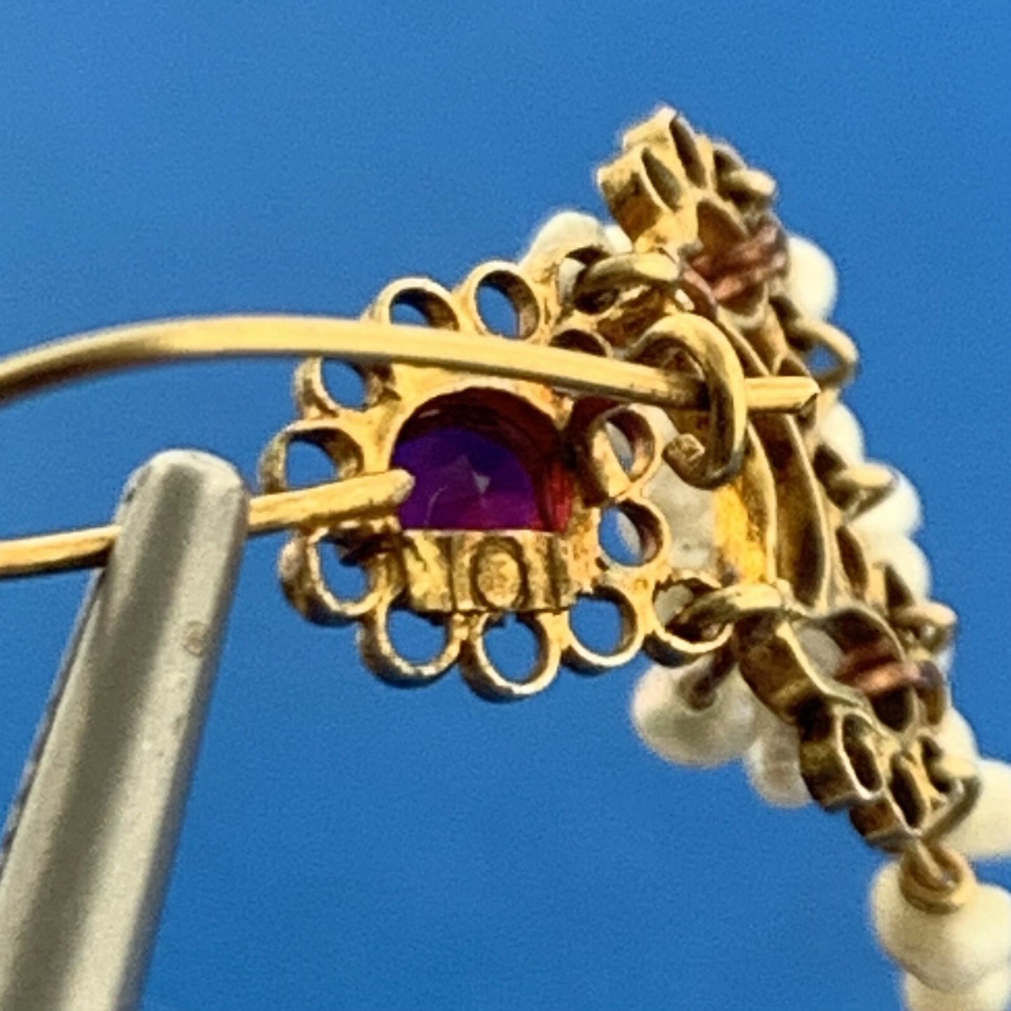 Antique 10K Yellow Gold Garnet Seed Pearl January Anniversary Dangle Earrings