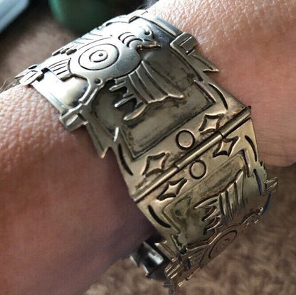 Mexico Sterling Silver 925 3D Peyote Design Four Panel Hinged Cuff Bracelet