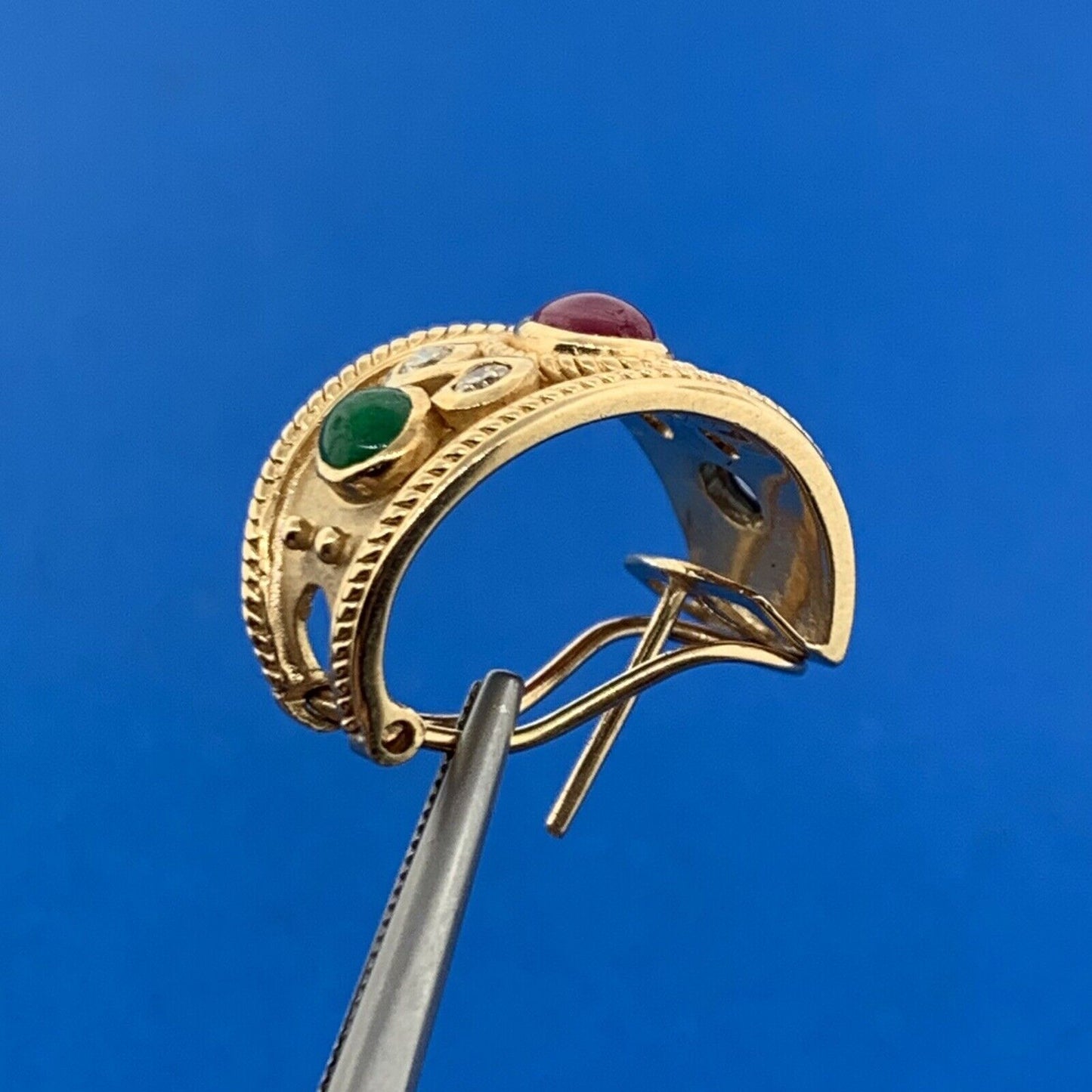 14K Yellow Gold Ruby Sapphire Emerald Diamond Statement Omega Back Earrings