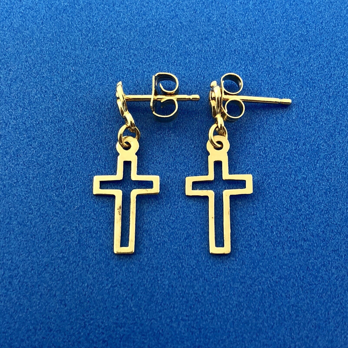 Retro 14K Yellow Gold Cross Cutout Religious Communion Dangle Stud Earrings