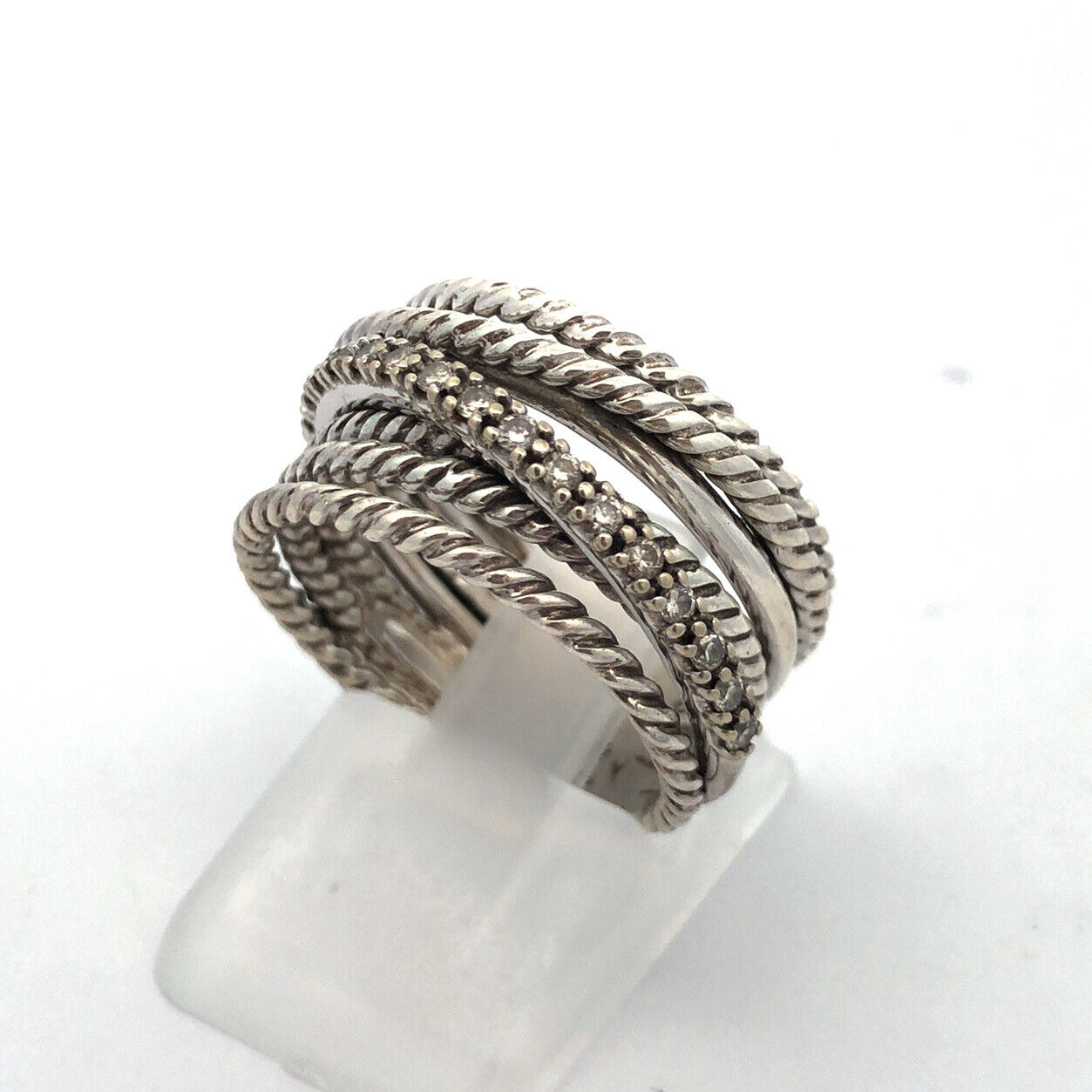 David Yurman 925 Sterling Silver 14K White Gold Diamond Crossover 7 Band Ring