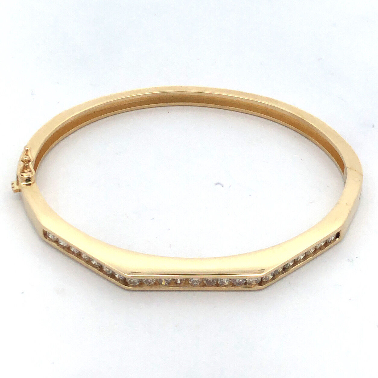 14K Yellow Gold Round Channel Diamond Geometrical Hinged Bangle Bracelet