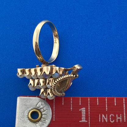 Gorgeous 14k Yellow Gold Cabochon White Opal Towering Grape Cluster Ring Size 3