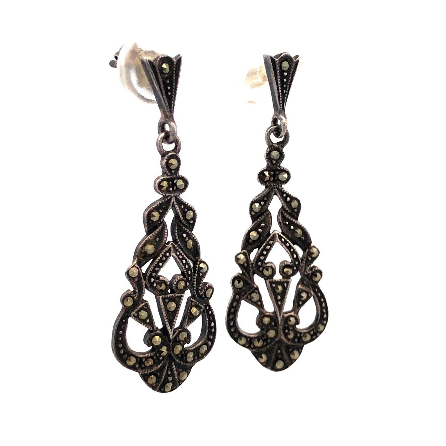 Designer SU 925 Sterling Silver Marcasite Art Deco Style Dangle Stud Earrings