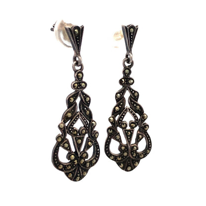 Designer SU 925 Sterling Silver Marcasite Art Deco Style Dangle Stud Earrings