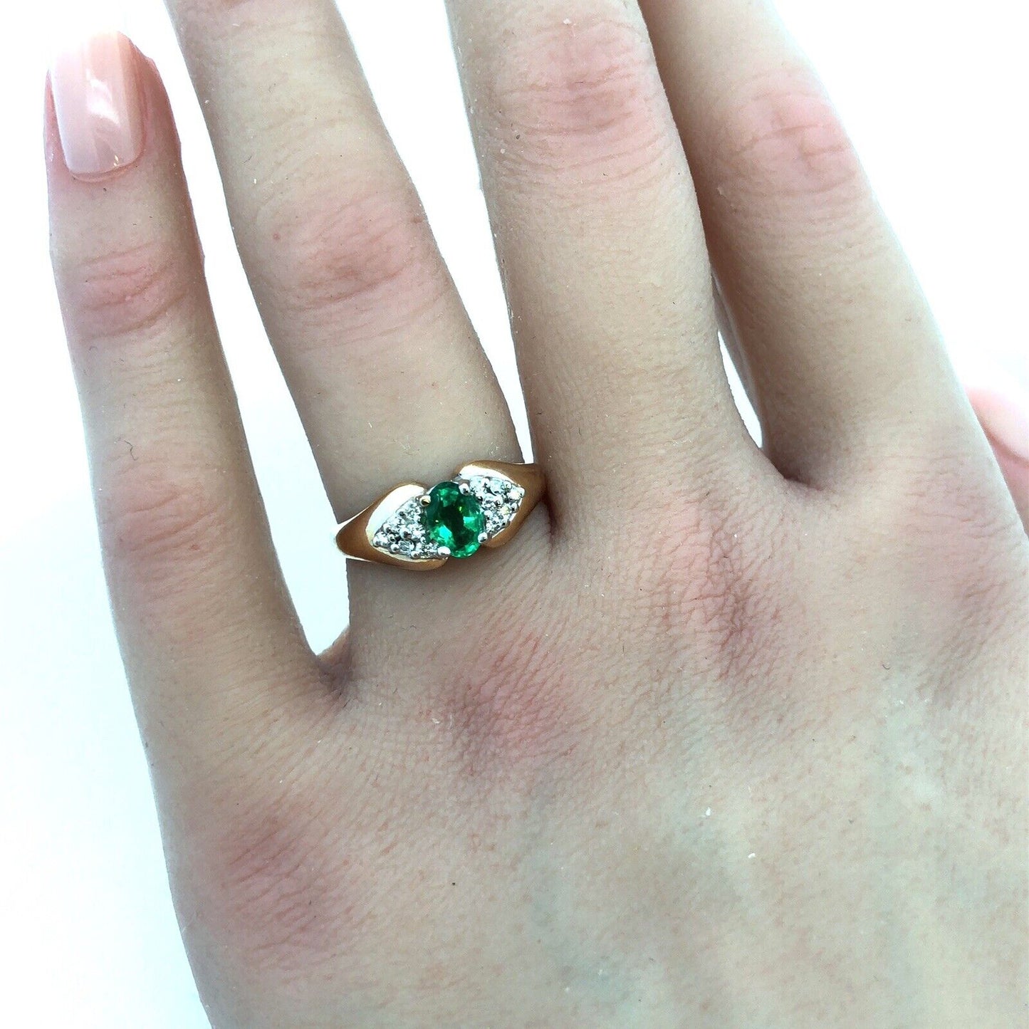 10K Yellow Gold Oval Emerald Solitaire Diamond Accented Cocktail Ring