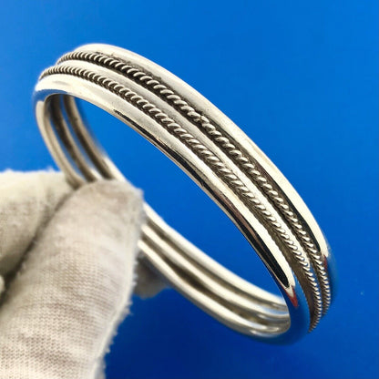 Classic 925 Sterling Silver Roped & Ribbed Statement Bangle Bracelet