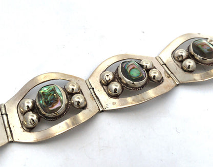 Vintage Taxco 925 Sterling Silver Oval Abalone Cabochon Statement Panel Bracelet