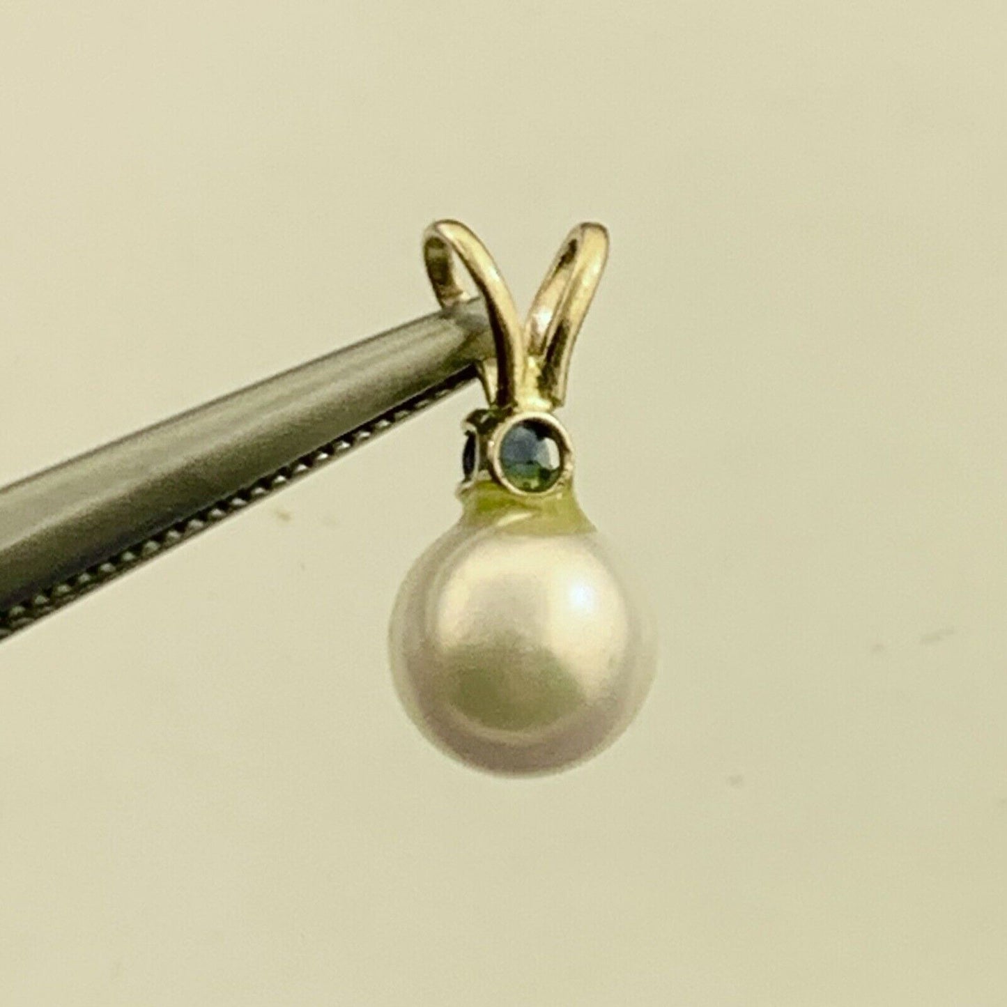 Designer 14K Yellow Gold Pearl Blue Sapphire Accent Drop Charm Pendant