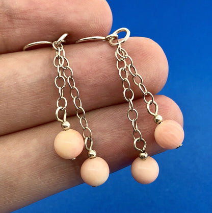 Designer Sterling Silver 925 Pink Coral Ball Bead Drop Dangle Earrings
