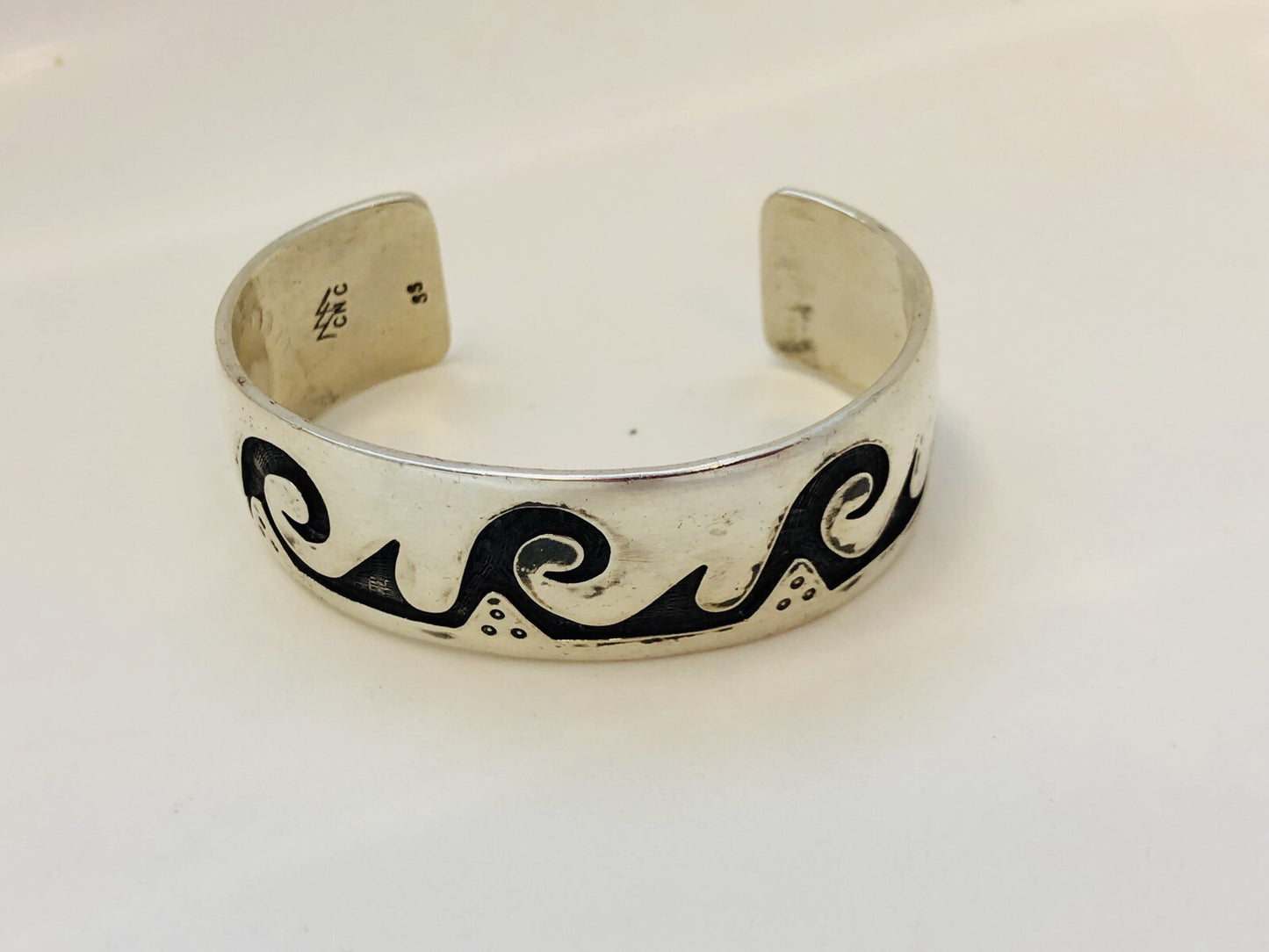 Vintage Native American Sterling Silver Overlay Wave Storyteller Cuff Bracelet