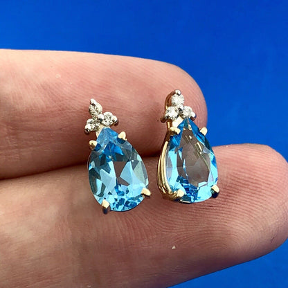 14K Yellow Gold Swiss Blue Topaz Diamond December Anniversary Pear Stud Earrings
