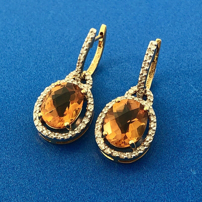 Estate KA 18K Yellow Gold Oval Citrine Diamond November Anniversary Earrings
