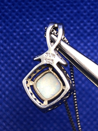 Designer SUN 925 Sterling Silver Opal and Diamond Halo Accent Pendant Necklace