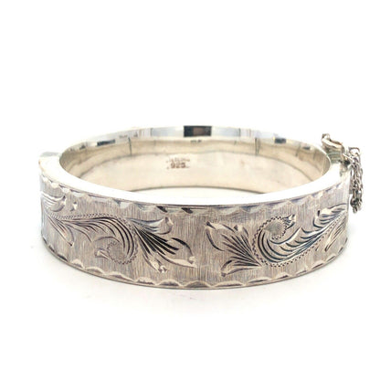 Vintage Designer Mexico 925 Sterling Silver Vine Detail Hinged Bangle Bracelet