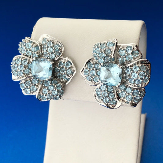 14K White Gold Blue Topaz Flower Poppy Cluster December Occasion Earrings