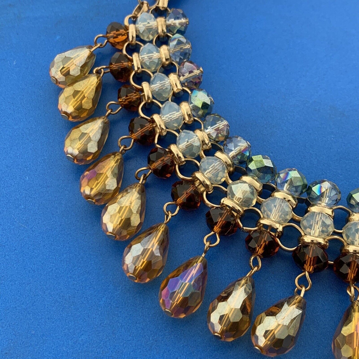 Fabulous Designer Estate Gold Tone Crystal Bead 4 Row Statement Collar Necklace