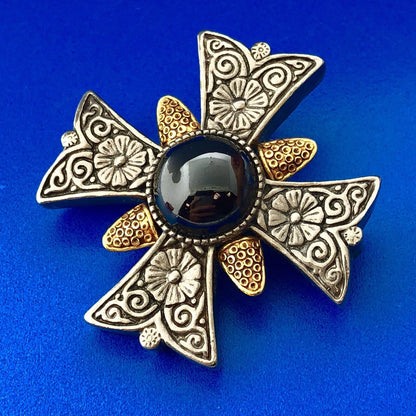 HMR CMA Gold Silver Tone Black Hematite Floral Scroll Maltese Cross Pin Pendant