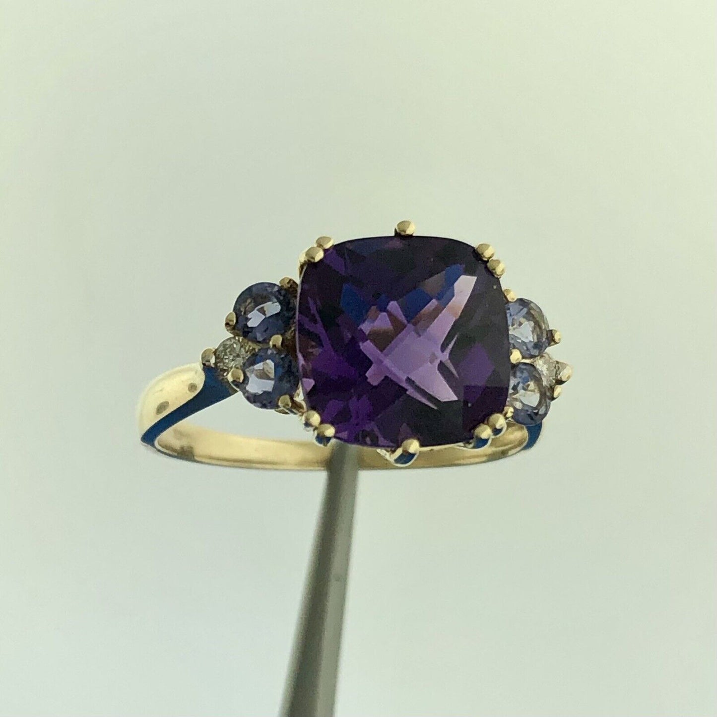 Designer 14K Yellow Gold Amethyst Tanzanite Diamond February Anniversary Ring