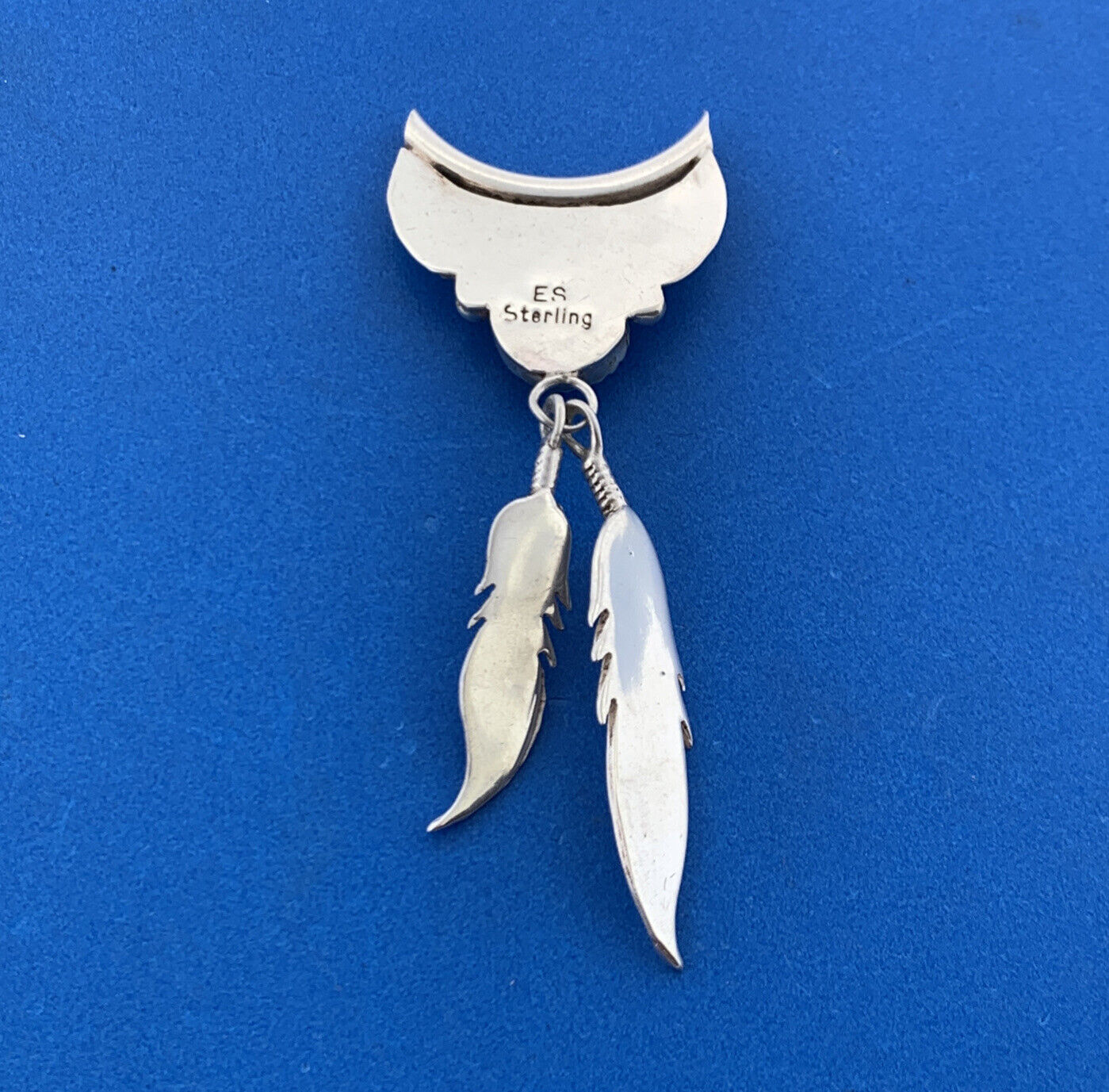 Navajo Designer Eddie Secatero Sterling Silver 925 Onyx Feather Dangle Pendant