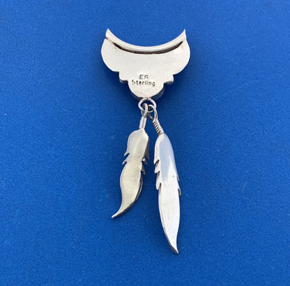 Navajo Designer Eddie Secatero Sterling Silver 925 Onyx Feather Dangle Pendant